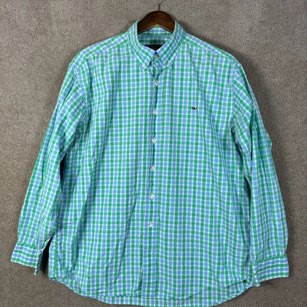 Vineyard Vines Button Down Mens Large Green Blue Gingham Whale Shirt Casual